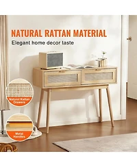 Gouun Rattan Console Table with 2 Drawers and Sliding Door