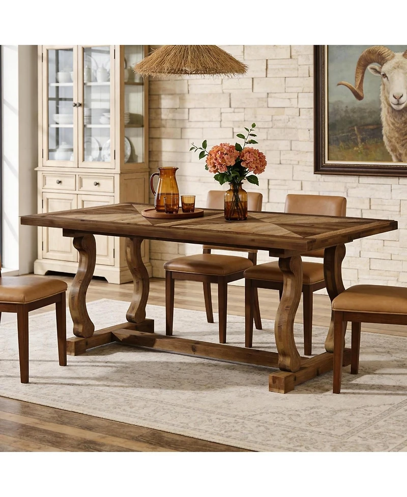 Tribesigns Solid Wood Dining Table for 4-6 People, 63" Farmhouse Rectangle Kitchen Table with Diamond Parquetry Top and S-Scroll Legs