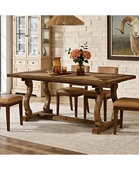 Tribesigns Solid Wood Dining Table for 4-6 People, 63" Farmhouse Rectangle Kitchen Table with Diamond Parquetry Top and S-Scroll Legs