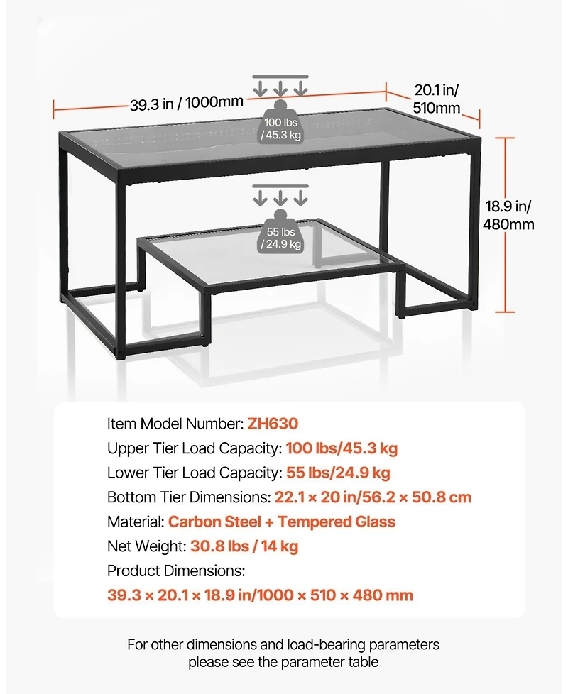 Gouun Led-Lit Tempered Glass 2-Tier Coffee Table with Metal Frame