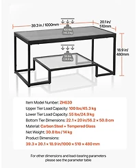 Gouun Led-Lit Tempered Glass 2-Tier Coffee Table with Metal Frame