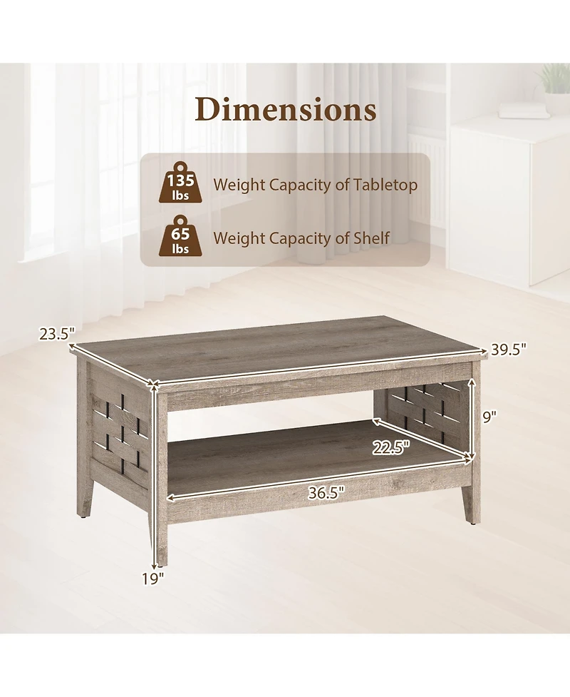 Gouun 39.5 in Farmhouse 2-Tier Coffee Table with Woven Accents and Open Storage Shelf