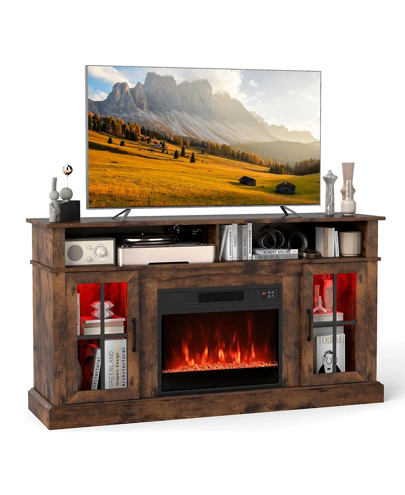 Sugift 58 Inch Fireplace Tv Stand with Led Lights with Storage Cabinets and Glass Doors-Rustic