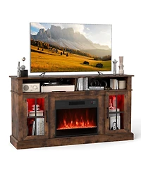 Sugift 58 Inch Fireplace Tv Stand with Led Lights with Storage Cabinets and Glass Doors-Rustic