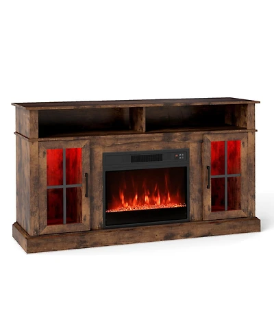 Sugift 58 Inch Fireplace Tv Stand with Led Lights with Storage Cabinets and Glass Doors-Rustic