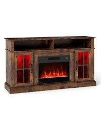 Sugift 58 Inch Fireplace Tv Stand with Led Lights with Storage Cabinets and Glass Doors-Rustic