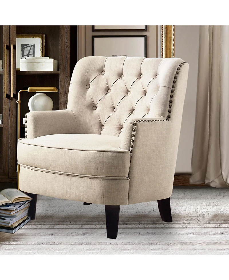 Boyel Living Vintage Button-Tufted Velvet Accent Chair with Nailhead Trim and Solid Wood Legs