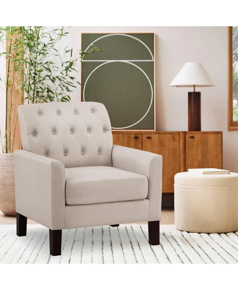 Boyel Living Classic Button-Tufted Linen Accent Chair with Solid Wood Legs