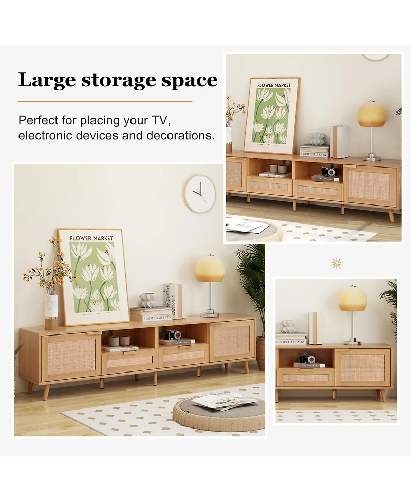 Rainsken Rattan Tv Stand for TVs , Media Console, Entertainment Center with 2 Drawers, 2- Open Shelves and Storage Cabinet for Living Room