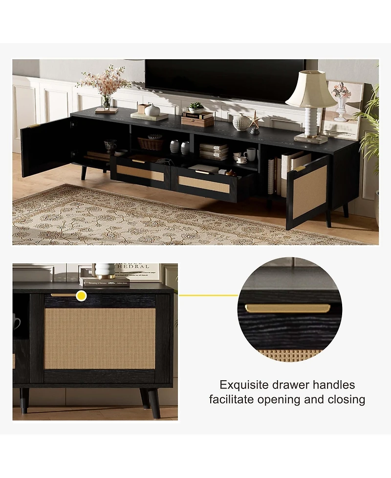 Rainsken Rattan Media Console Tv Stand for TVs with 2 Drawers, Open Shelves and Storage Cabinet for Living Room