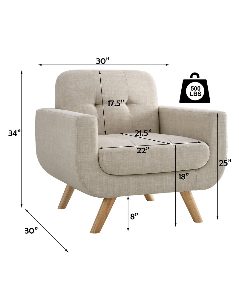 Boyel Living Compact Button-Tufted Linen Loveseat in Breathable Fabric with Solid Wood Legs