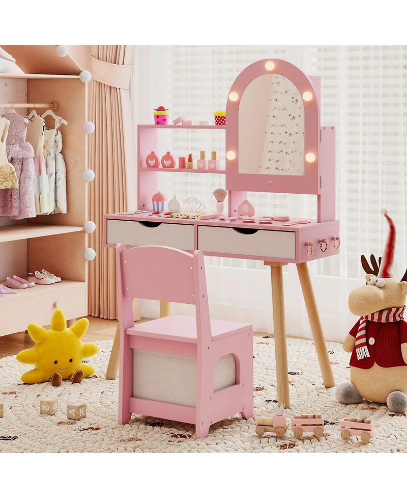 Slickblue Kids Play Vanity Set with Adjustable Mirror, 3-Color Led Lights and Brightness Control
