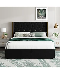 gaomon Lift Up Storage Bed Frame with Wingback Headboard, Velvet Upholstered Diamond Tufted Design & Gold Trim