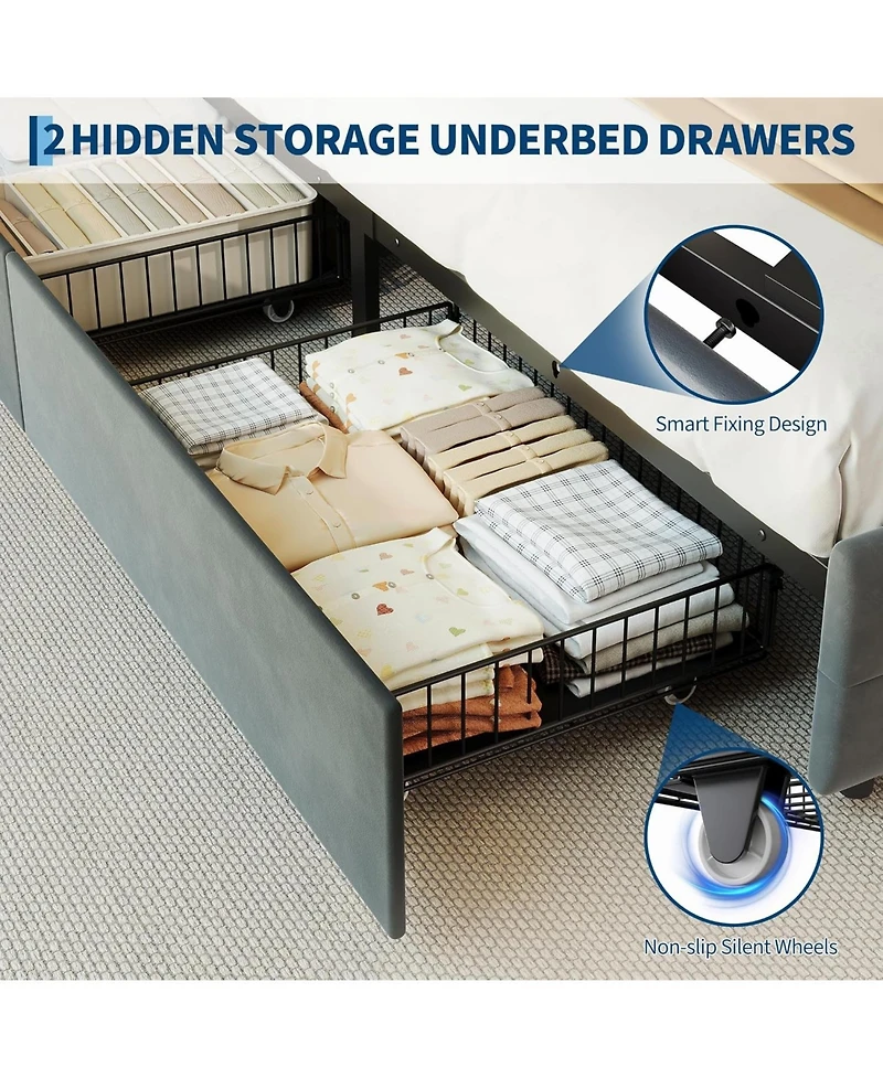 gaomon Full Bed Frame with 2 Storage Drawers, Upholstered Led Light
