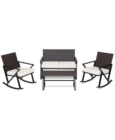 Gymax Set of 4 Patio Rattan Wicker Rocking Chairs Loveseat Table Rocker Set Patio