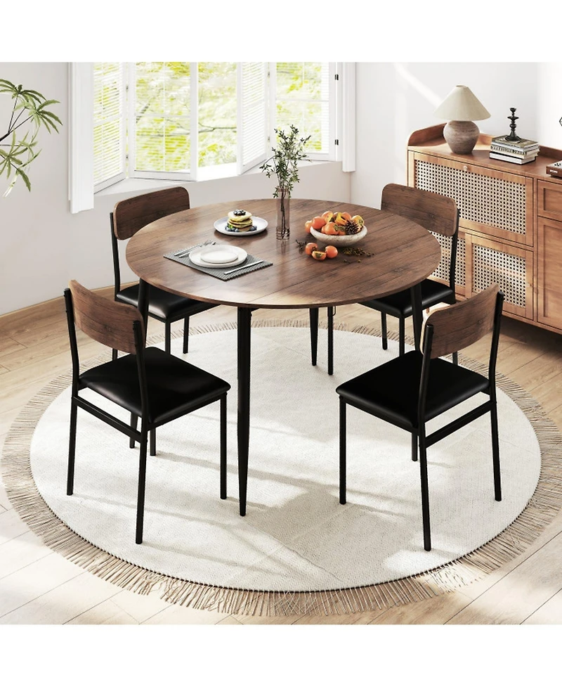 Gouun 5-Piece Round Drop Leaf Dining Table Set with 4 Upholstered Chairs