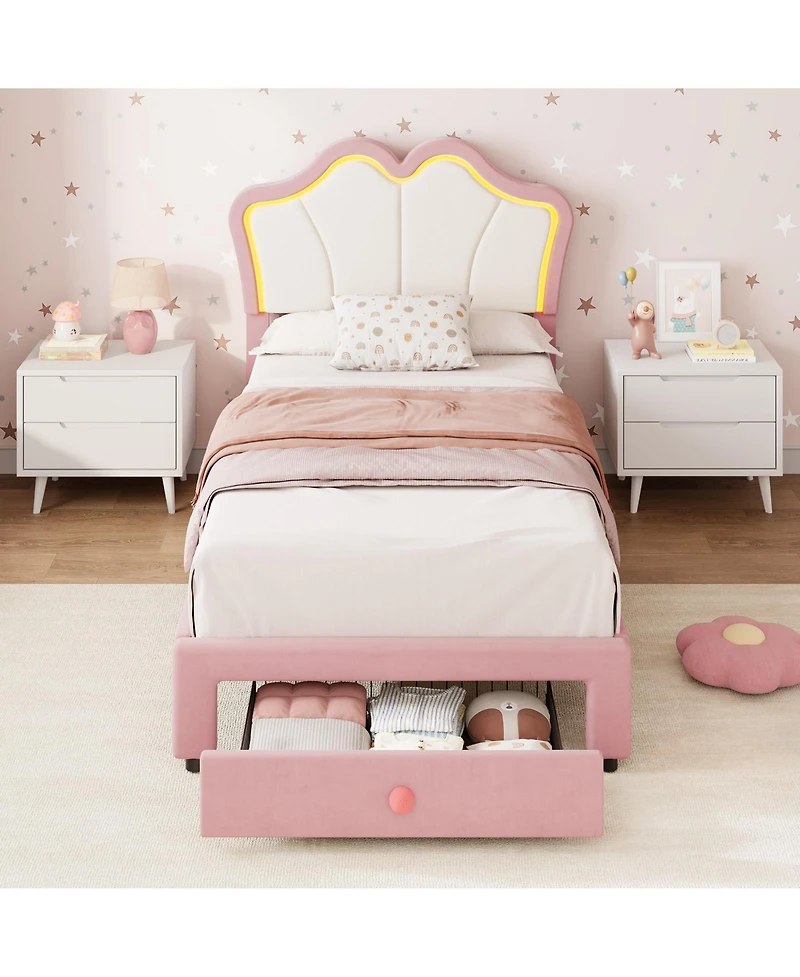 gaomon Twin Upholstered Led Storage Bed Frame for Kids – Velvet Platform with App-Controlled Lights,Storage Drawers, Wood Slats
