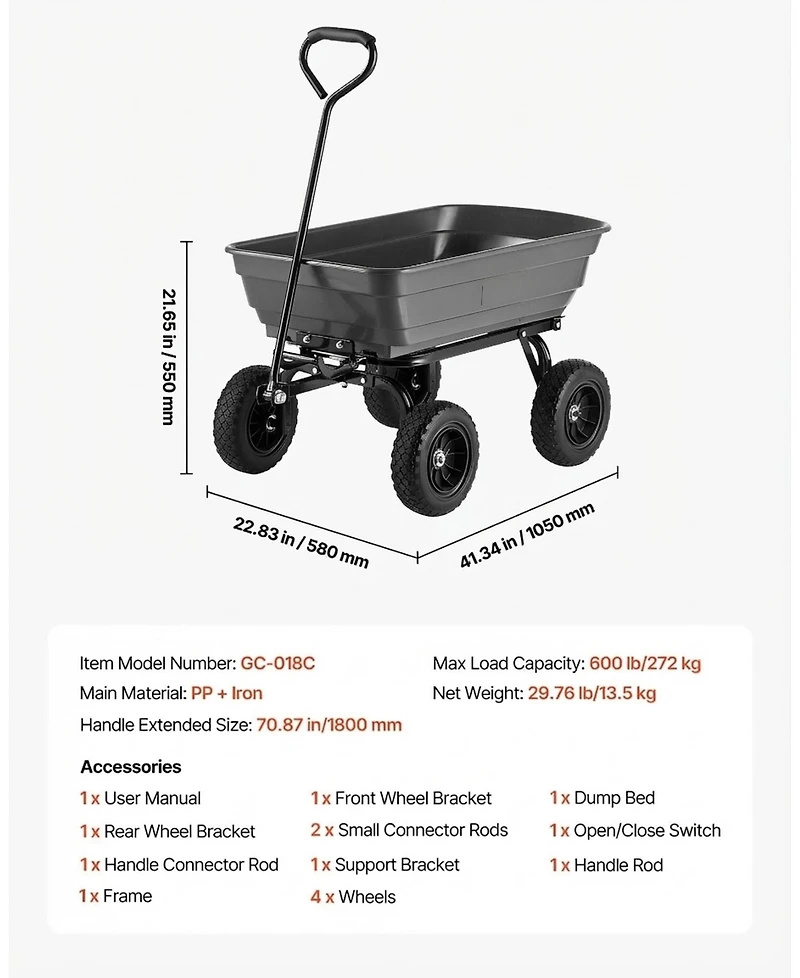 Sugift 600 lbs Poly Dump Cart Wagon with 90 Quick-Dump and 180 Swivel Wheels