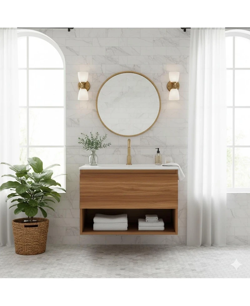 Sillysis Wall Mounted Bathroom Vanity with Sink, Modern Walnut Mdf Cabinet, Large Drawer Storage for Small Space