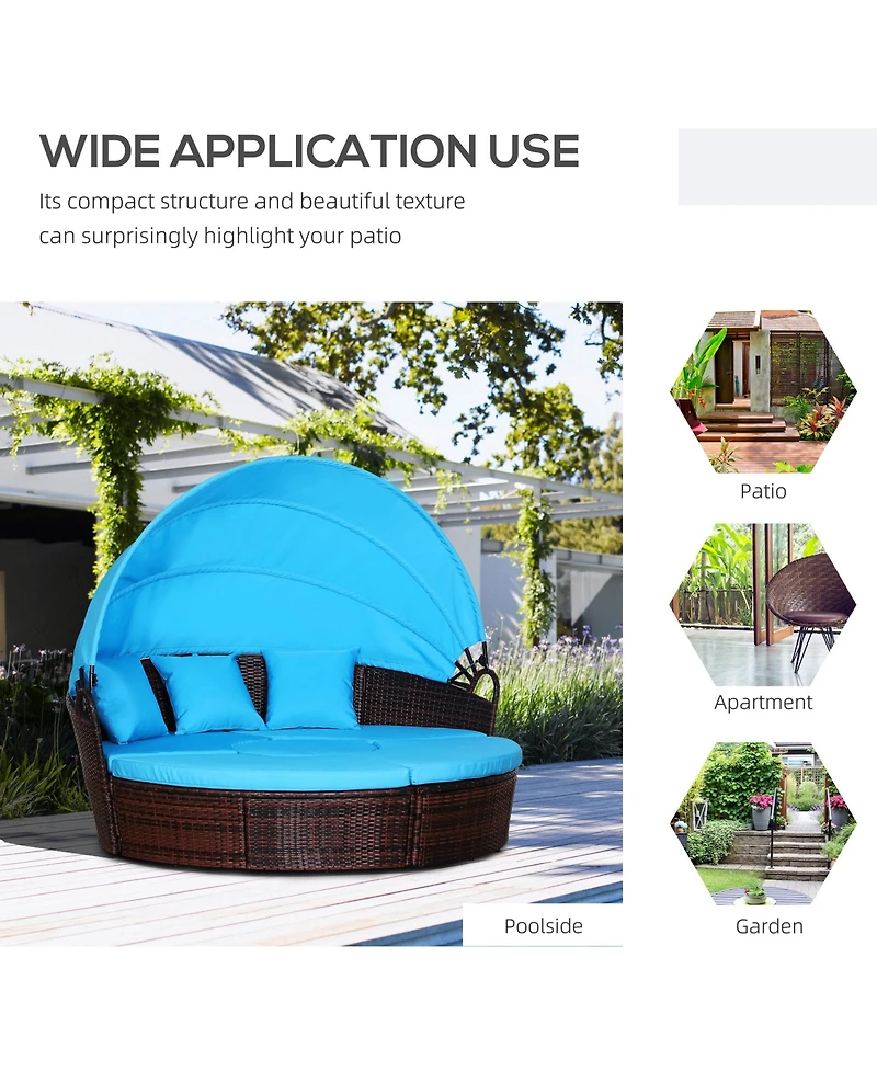 Outsunny 4-Piece Rattan Patio Furniture Set, Round Convertible Daybed or Sunbed with Adjustable Sun Canopy, Sectional Sofa, 2 Chairs, Table