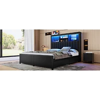 Streamdale Furniture King Bed Frame w/ Storage Headboard, Led, Charging, 4 Drawers, Metal