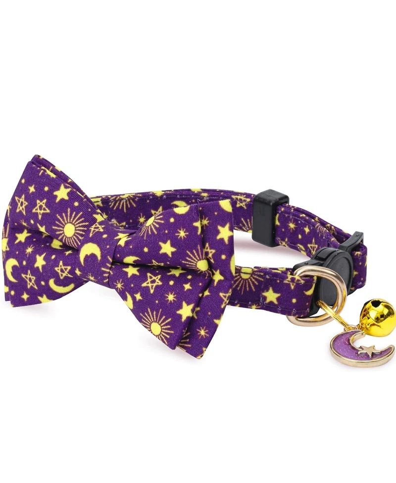 Aronkl 2 Pack Cotton Cat Collars with Bow Tie Bell Adjustable Breakaway Whale Flamingo Patterns for Spring Summer Male Female