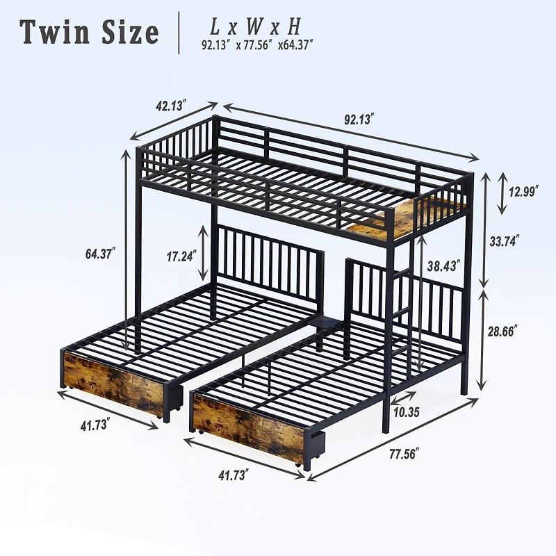 Streamdale Furniture Metal Triple Bunk Bed, Separates to 3 Twins