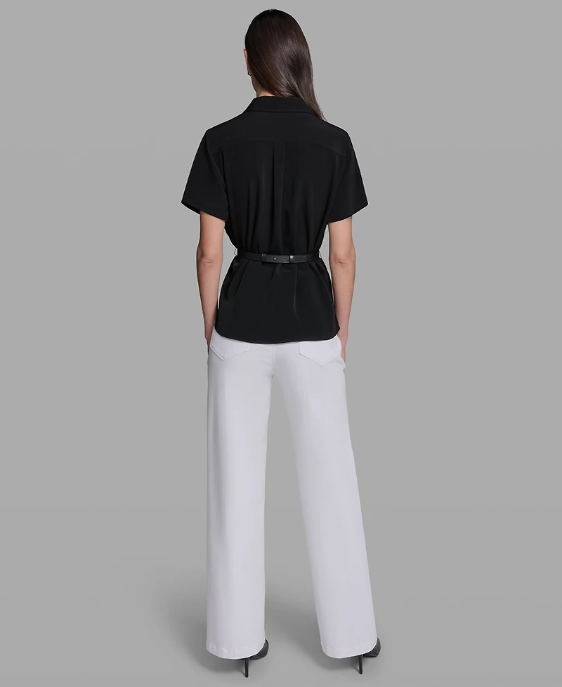 Karl Lagerfeld Paris Petite Rosette Belted Collared Blouse