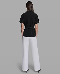 Karl Lagerfeld Paris Petite Rosette Belted Collared Blouse