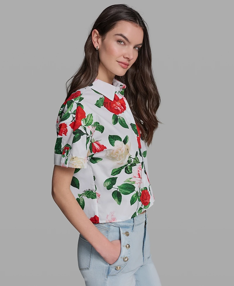 Karl Lagerfeld Paris Petite Printed Poplin Collared Camp Top
