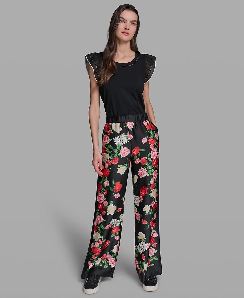 Karl Lagerfeld Paris Petite Mid-Rise Soft Printed Full Pants