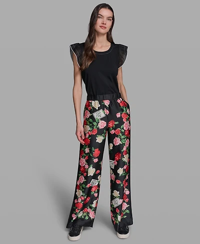 Karl Lagerfeld Paris Petite Mid-Rise Soft Printed Full Pants