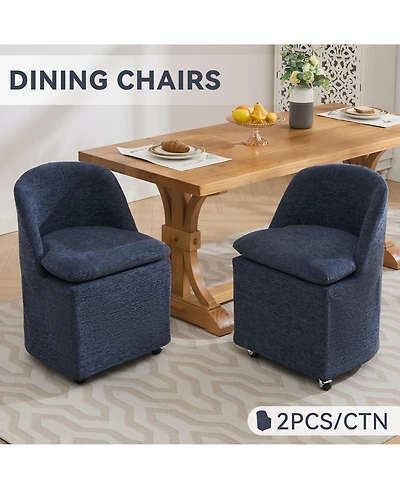 Rainsken Chenille Upholstered Rolling Dining Chairs Set of 2 with Universal Wheels and Curved Backrest, Suitable for Dining Room and Living Room