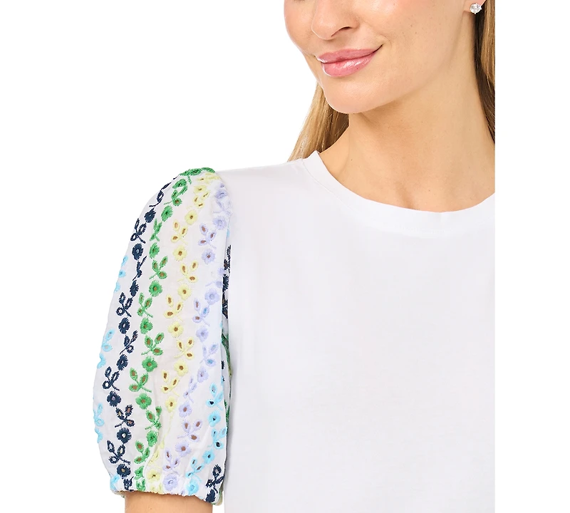 CeCe Women's Puff Short-Sleeve Crewneck Cotton T-Shirt