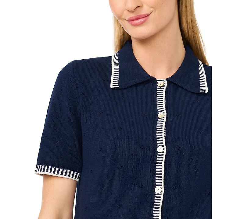 CeCe Women's Pointelle Short-Sleeve Collared Cotton Cardigan
