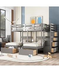 Streamdale Furniture Wood Triple Bunk Bed with Drawers and Guardrails