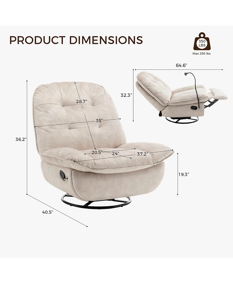 Rainsken Swivel Rocker Recliner Chair, Single Lounge Gliding Rocking Chair with Phone Holder, Comfortable Reading Chair for Living Room, Office