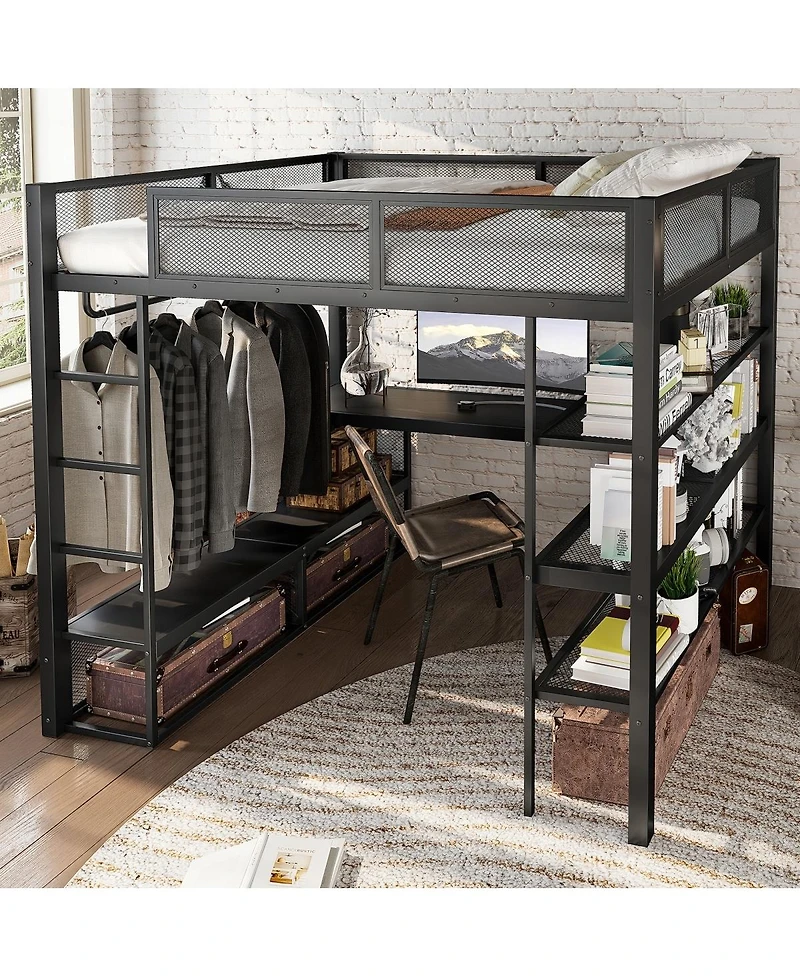 Streamdale Furniture Metal Queen Loft Bed w/ Storage, Desk, Rod