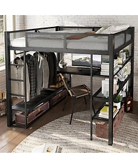Streamdale Furniture Metal Queen Loft Bed w/ Storage, Desk, Rod