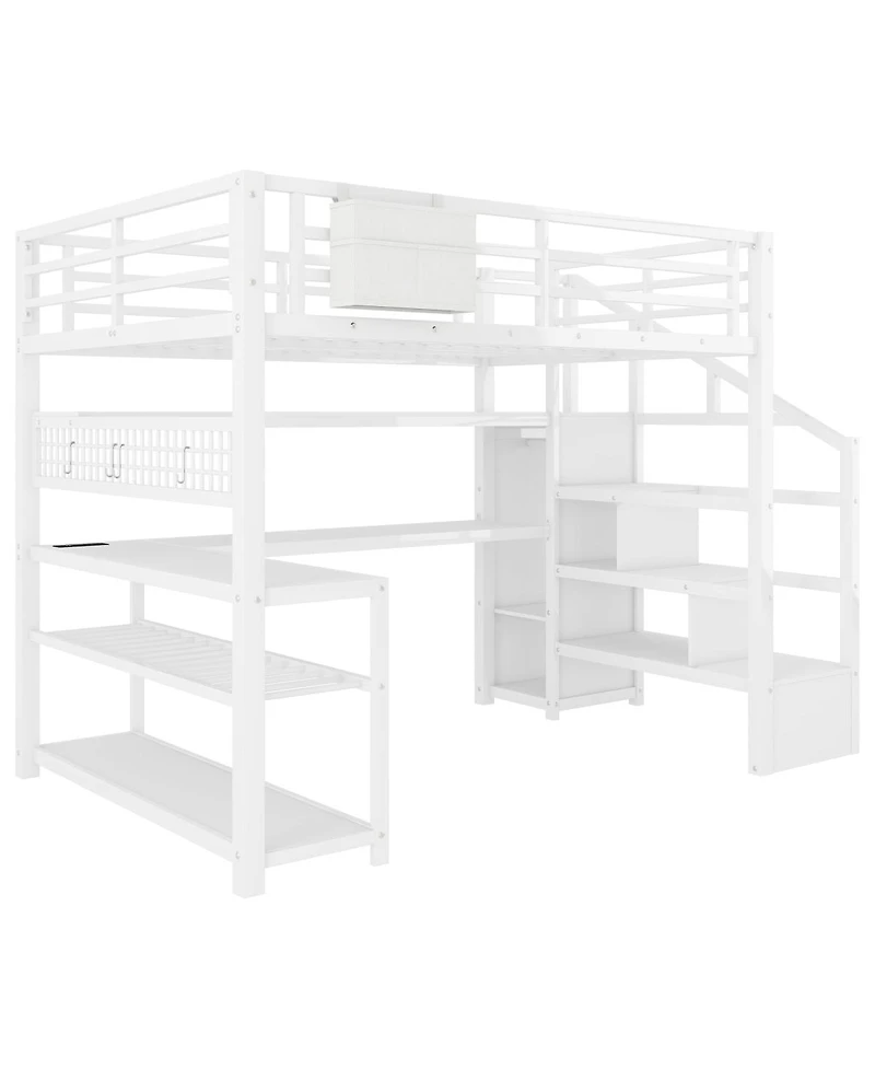 Streamdale Furniture Metal Loft Bed w/Stairs, Desk, Storage, Lights, Charge Station