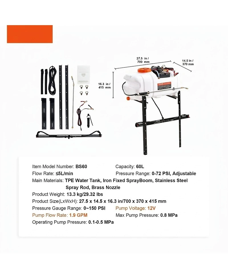 Sugift Atv Spot Sprayer, 15.9 Gal, Nozzle Boom, 12V Pump, 20Feet Hose for Weed Spraying