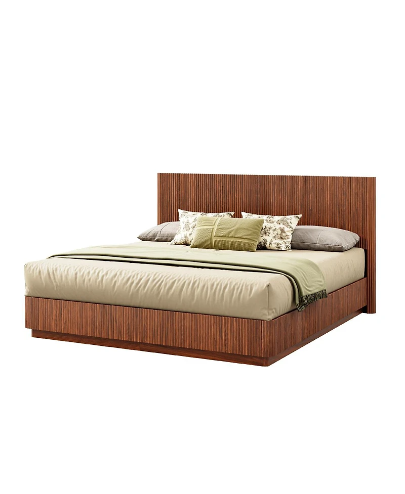 Streamdale Furniture Walnut Led Bed Frame, Modern Wood, Curved Lines.