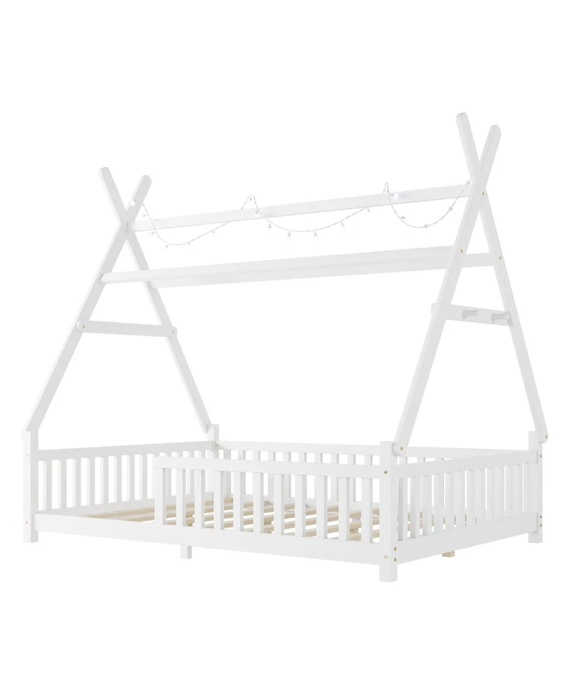 Streamdale Furniture House Bed with Light, Low Floor, Fence and Roof