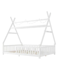 Streamdale Furniture House Bed with Light, Low Floor, Fence and Roof