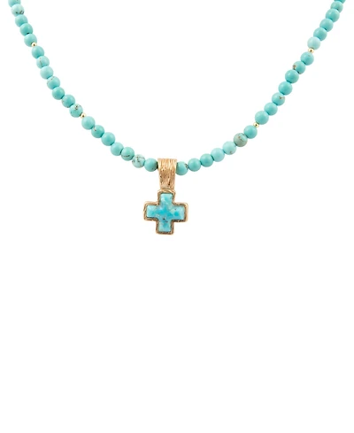 Barse Blue Turquoise Cross Golden Pendant Necklace