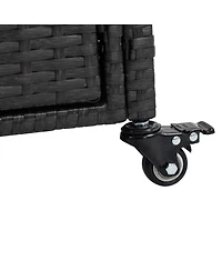 sumyeg Outdoor Wicker Bar Cart with Wheels, Rattan Beverage Serving Cart with Glass Top for Patio