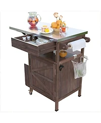 sumyeg 40.5inch Outdoor Grill Cart with Stainless Steel Top, Solid Wood Storage Cabinet with Drop Leaf, Drawer, Towel Rack and Lockable Wheels