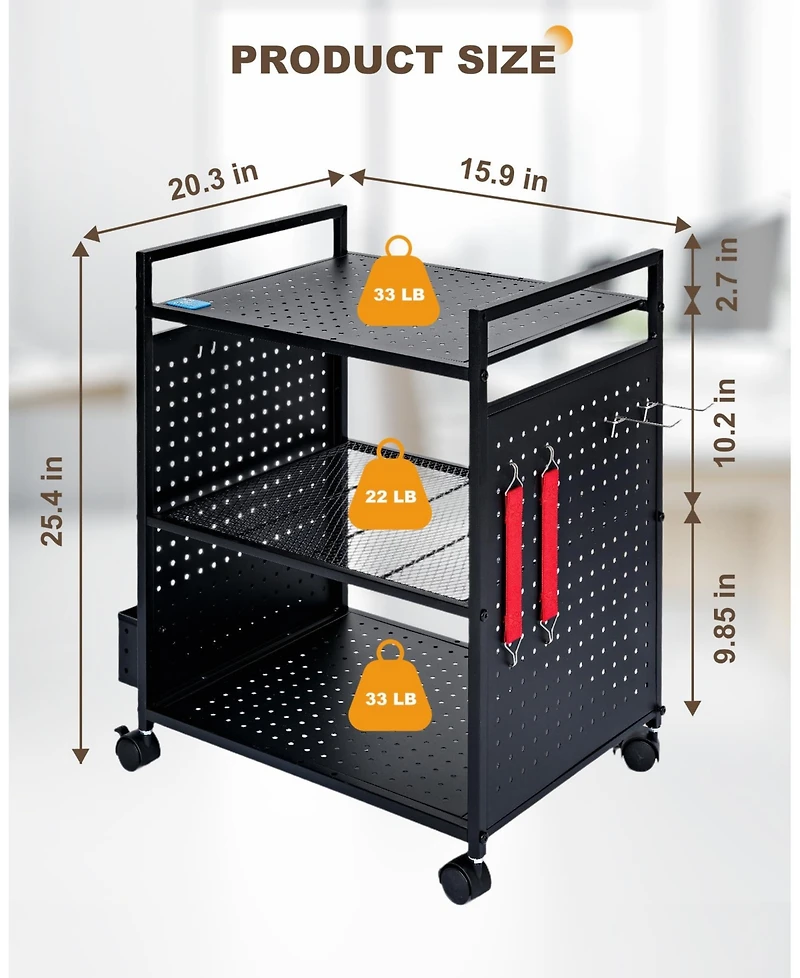 Mythinglogic 3-Tier Rolling Stand with Pegboard