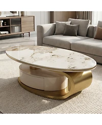 Streamdale Furniture Oval Coffee Table with Drawer, Sintered Stone Marble Top, Gold Stainless Steel Base