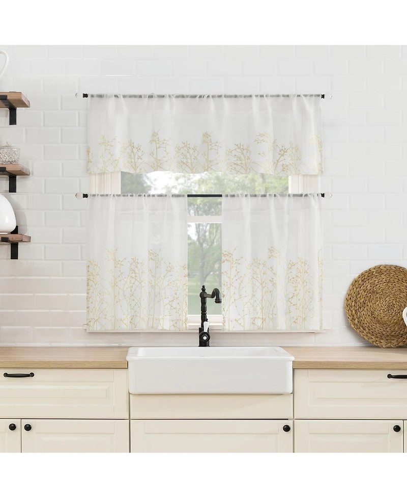 No. 918 Madeira Embroidered Floral Sheer Rod Pocket Kitchen Curtain Tier Pair